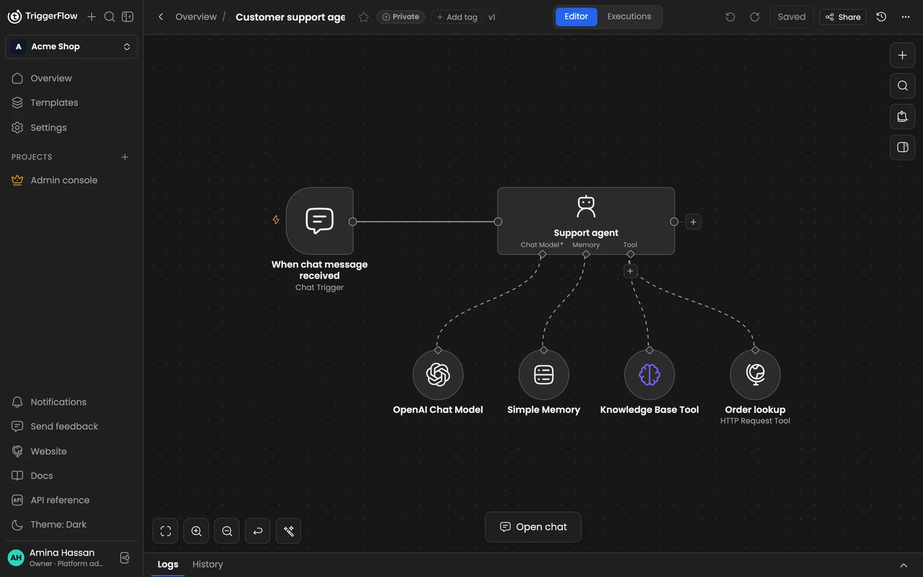 An AI agent on the canvas with a chat trigger, an OpenAI chat model, simple memory and two tools attached below it