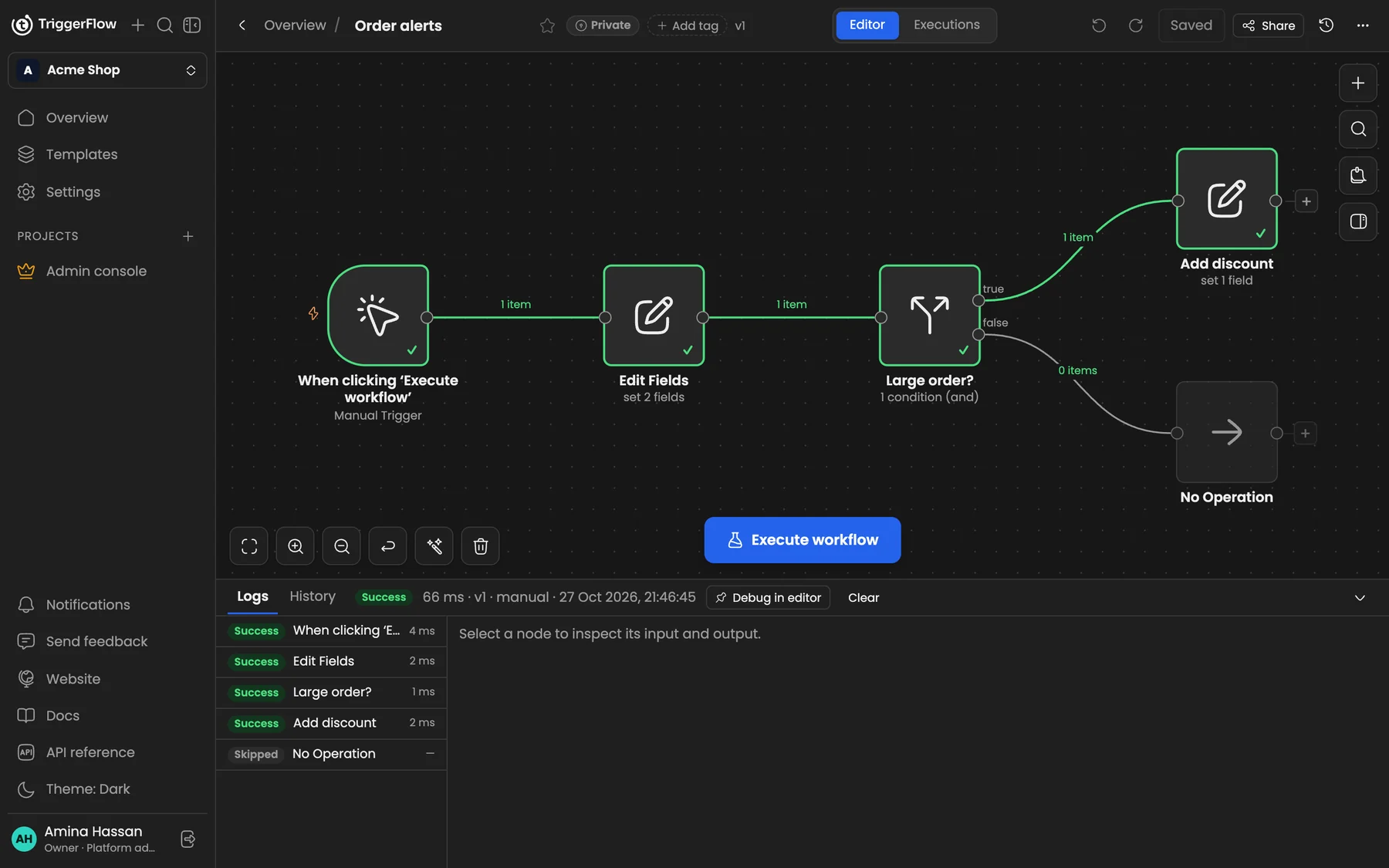 The workflow editor with a finished run