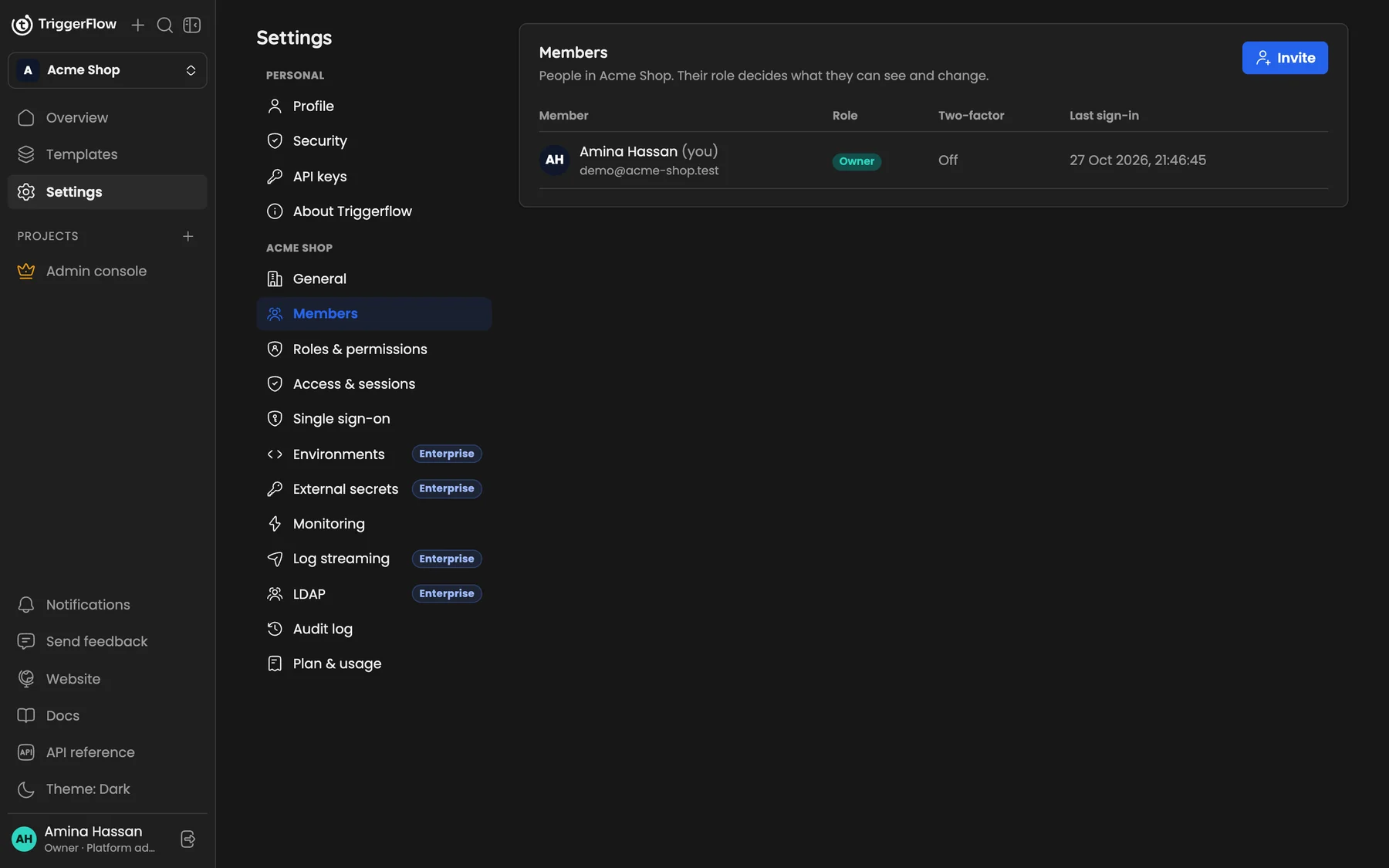 Settings, Members: the member list with role, two-factor status and last sign-in