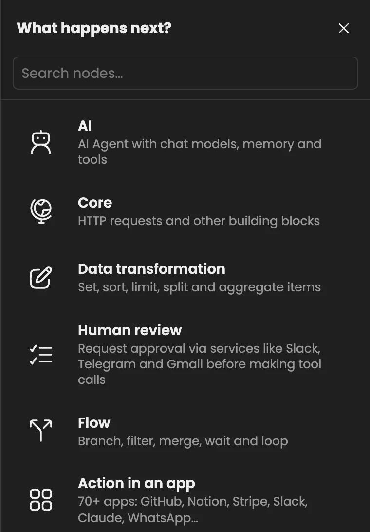 The node list: AI, Core, Data transformation, Human review, Flow and Action in an app