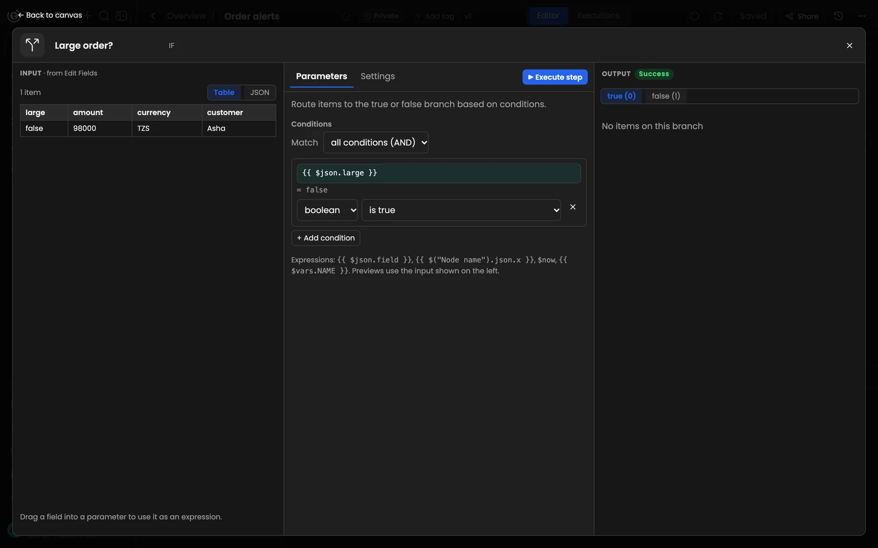 A node opened with its input table, settings and output