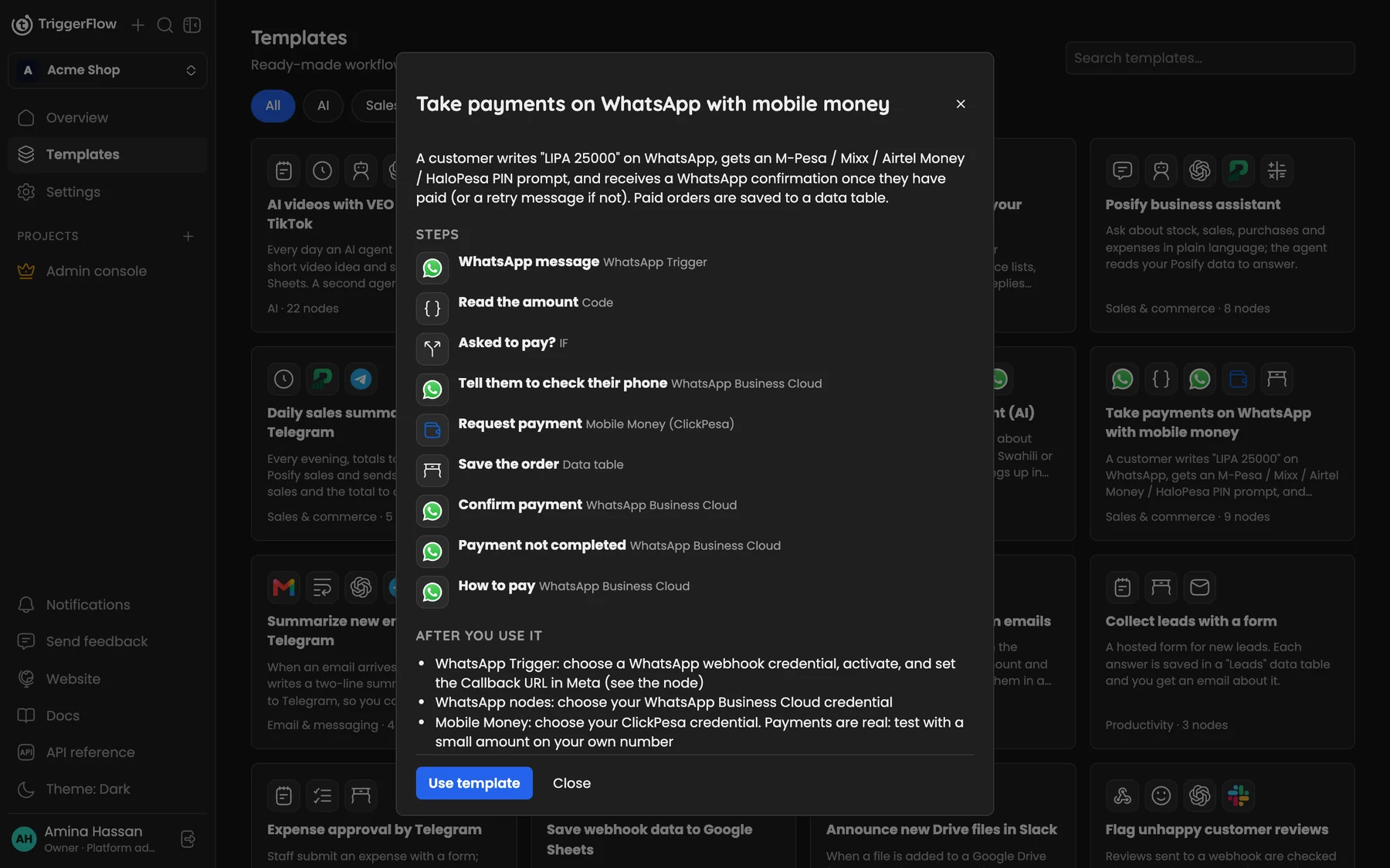 A template preview listing its steps and the setup to do after using it